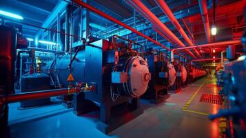 The boiler room of a large building with rows of boilers and pipes extending out to different areas to provide heat photo
