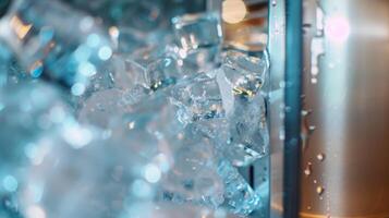 A small opening in the side of the ice maker where the ice is dispensed into a waiting gl photo
