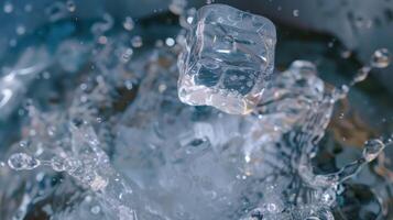 A frozen ice cube halfway through the process of being dropped into the waiting ice bucket photo