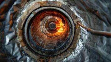 An upclose look at the heating element inside a water heater surrounded by layers of insulation photo