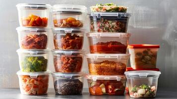 A stack of leftovers stored in plastic containers and labeled with dates for easy access later photo