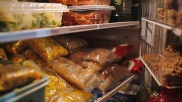 A shelf in a deep freezer cluttered with various packages of frozen leftovers and meals photo