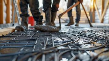 un foto de un radiante piso sistema siendo instalado con trabajadores utilizando un especializado herramienta a untado hormigón terminado el calefacción elementos