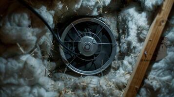 The attic fan is surrounded by a layer of insulation with small holes for wires to access the motor photo