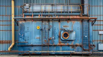 The metal exterior of the boiler is painted a deep blue adding a splash of color to the industrial space it is located in photo