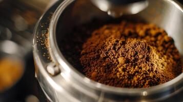 The filter holder is filled to the brim with fine coffee grounds eagerly awaiting the brewing process to begin photo