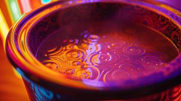A closeup of the ceramic inner pot of a crockpot with delicate patterns and design photo