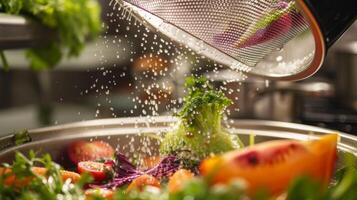 A closeup of a mesh filter catching the remnants of juiced fruits and vegetables separating them from the juice photo