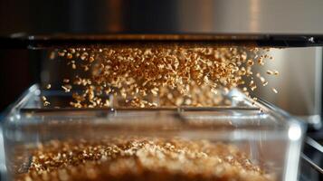 The crumb tray being pulled out of the bottom of the toaster filled with tiny crumbs from previous toastings photo