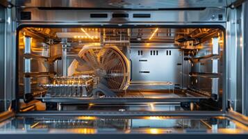 Detailed image of the microwaves internal mechanism showcasing the heating elements and fan photo