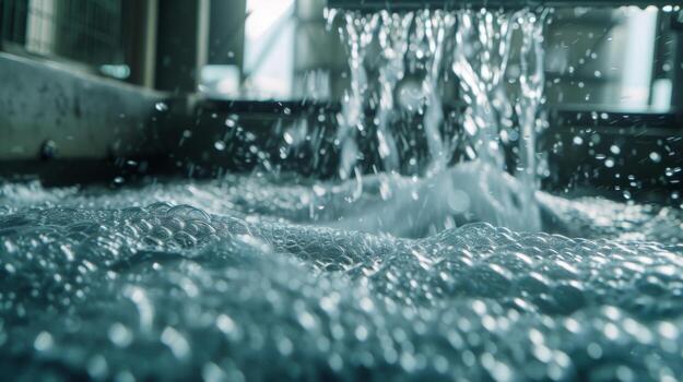 Water pouring into the machine from a spout above creating a swirling pool of bubbles photo