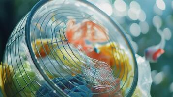 A wire mesh basket full of smaller laundry items spinning wildly as its tossed about by the agitator photo