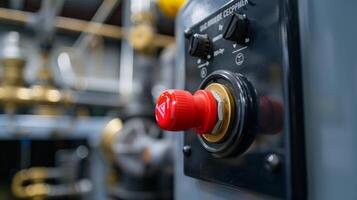 A bright red emergency shutoff button prominent on the side of the compressor for quick access photo