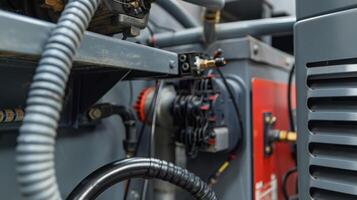 The electric power cord coiled tightly and plugged into the back of the compressor for a steady source of energy photo
