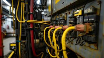 Close inspection of the generators wiring system shows a complex network of cables and wires all neatly organized and labeled photo