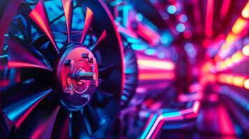 From this angle the intricate design of the generators cooling system can be observed with large fanlike structures rotating smoothly photo
