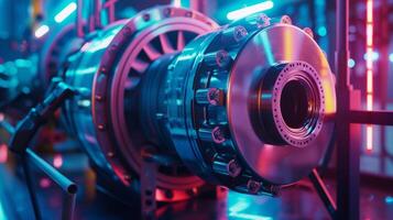 The generators motor encased in a protective metal covering can be seen with its rotating parts producing a steady rhythmic sound photo