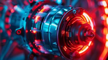 A close isolated view of the generators alternator reveals a complicated system of rotating coils and magnets generating electricity photo