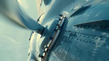 A closeup of a wind turbines base with bolts and wiring visible as the blade above creates a blur in motion photo