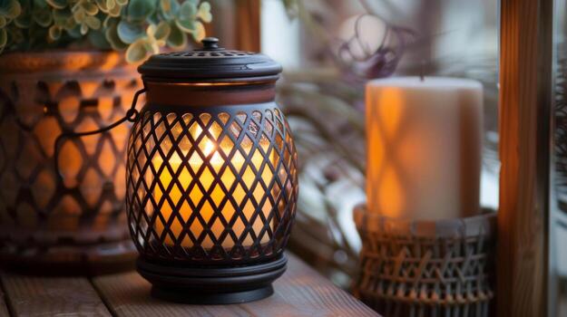 A br candle warmer in the shape of a lantern with intricate lattice work and a hinged door adding a touch of oldworld charm to any room photo