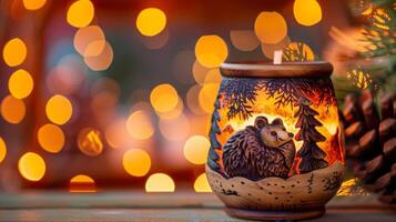 The cozy and warm ambiance of a cabin getaway embodied in a candle warmer made of rustic wood and adorned with pinecone and bear motifs photo
