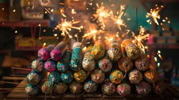 A pile of colorful crackers and sparklers stacked on a table eagerly awaited by children and adults alike to light up the night sky with their dazzling displays photo