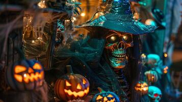 A display of spooky props and animatronics including talking skulls floating ghosts and cackling witches to add extra scares to your Halloween decor photo