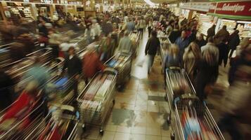 The checkout lines move at a snails pace as customers wade through their overflowing carts trying to find their selected items photo