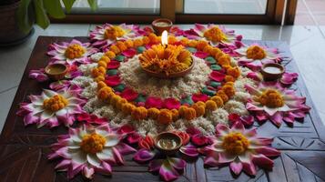 A beautiful rangoli design made with colorful rice flour and adorned with vibrant flower petals serving as a centerpiece for the Diwali dining table photo