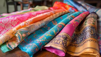 A table set with a colorful array of silk scarves each one unique in pattern and design a great gift for a stylish and fashionable mother photo