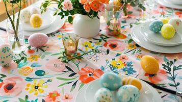 Add some spring flair to your dining table with vibrant floral table runners printed with Easterinspired motifs such as eggs bunnies and spring flowers photo