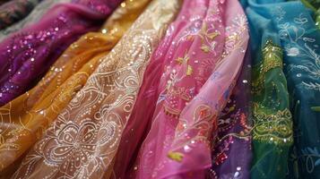 At a local fabric store customers carefully select vibrant fabrics and delicate lace to create their traditional Eid outfits adorned with intricate embroidery and sparklin photo