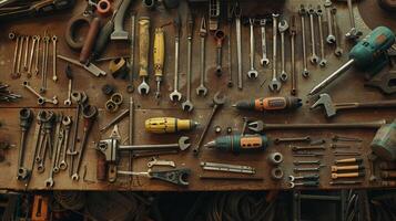 A table adorned with tools of all kinds from drills to wrench sets acknowledging the handymen and DIY enthusiasts ast fathers photo