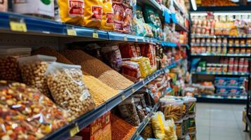 The shelves of a grocery store are filled with an assortment of halal meats grains and dried fruits a reflection of the diverse and delicious meals that will be shared wit photo