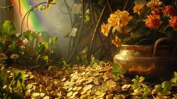 An abundance of gold coins tered across a table a nod to the legend of the pot of gold at the end of the rainbow a popular Irish folklore photo