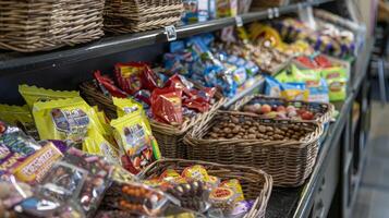 Bins and baskets overflowing with assorted treats from chocolate bars to chewy gummies tempting customers with a sweet tooth photo