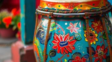A closeup of a traditional drum commonly used in Carnival parades adorned with bright colors and intricate designs photo