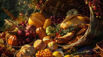 A bountiful cornucopia overflows with delicious treats from golden roasted vegetables to crispyskinned turkey while warm dinner rolls wait to be slathered with butter photo