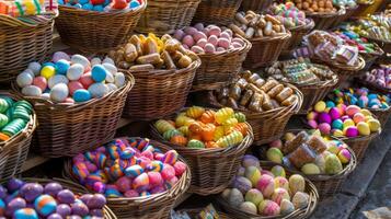 Rows of baskets filled with assorted candy and treats ready to be given as gifts or enjoyed by loved ones during Easter celebrations photo