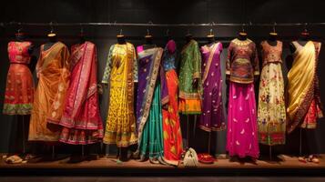 A display of traditional Indian outfits including vibrant sarees kurtapajamas and dhotis all worn by families as they celebrate the joyous occasion of Diwali photo