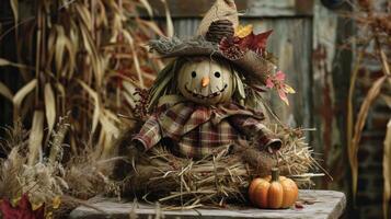 A bundle of hay scarecrows and cornstalks create a rustic autumn vibe perfect for a harvestthemed Halloween celebration photo