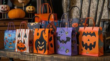 Trickortreat bags in various shapes and sizes sit ready for little ones to fill with candy as they make their rounds on Halloween night photo