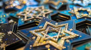 A display of handmade Hanukkah cards intricately designed with the Star of David and other traditional symbols ready to be sent to friends and family to spread holiday cheer photo