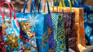 An array of colorful gift bags and wrapping paper each featuring a unique Hanukkah pattern or design making it easy to create beautiful presents for loved ones photo