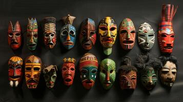 A collection of handmade decorative masks and puppets representing the rich cultural traditions and influences present in Carnival celebrations around the world photo