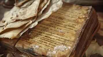 The crinkled corners of old family recipes passed down through generations and used to create beloved dishes photo