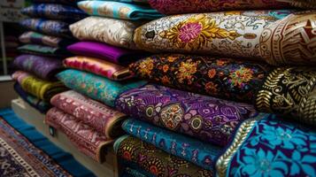 An array of colorful prayer mats adorned with intricate patterns on display in a market stall for worshippers to purchase for their homes photo