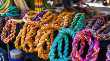 A vendor selling colorful strings of pretzel necklaces perfect for snacking on while enjoying a cold beer photo