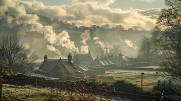 Serene countryside landscapes with smoke rising from chimneys as families gather for a day of relaxation after the busy Christmas festivities photo