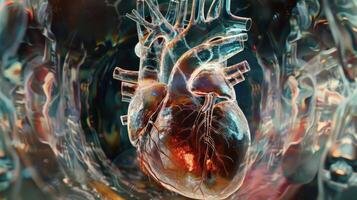 A zoomedin view of a holographic heart showcasing its four chambers and valves and demonstrating how it pumps throughout the body keeping us alive photo